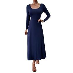 DeuYeng Damen Casual Herbst Langes Kleid Langarm U-Ausschnitt Einfarbig Herbst Cocktail Party Swing Midi Kleider (Navy, M) von DeuYeng