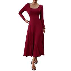 DeuYeng Damen Casual Herbst Langes Kleid Langarm U-Ausschnitt Einfarbig Herbst Cocktail Party Swing Midi Kleider (Red, M) von DeuYeng