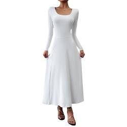 DeuYeng Damen Casual Herbst Langes Kleid Langarm U-Ausschnitt Einfarbig Herbst Cocktail Party Swing Midi Kleider (White, L) von DeuYeng