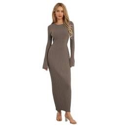 DeuYeng Damen Langarm Bodycon Strickkleid Kleid Einfarbige Elegante Pulloverkleid Rippstrick Herbst Midi Kleider Streetwear (Tiefgrau, S) von DeuYeng