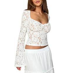 DeuYeng Damen-Langarm-Herbst-Spitzenoberteil, durchsichtiges Hemd mit Blumenmuster, herzförmiger Ausschnitt vorne, Kurze Bluse mit Schleife, Clubwear (White, S) von DeuYeng