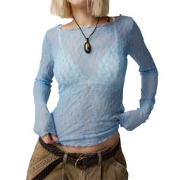 DeuYeng Damen-Langarm-Herbst-Spitzenoberteil, durchsichtiges Hemd mit Blumenmuster, herzförmiger Ausschnitt vorne, Kurze Bluse mit Schleife (05 Blue, S) von DeuYeng