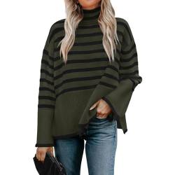 DeuYeng Damen Lose Stricken Pullover Herbst Bluse Streifen Langarm Pullover Frühling Rundhals Pullover Sweatshirt Streetwear (Dark Green, L) von DeuYeng