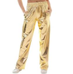 DeuYeng Damen Metallic Glänzende Hosenhose Solide Hohe Taille Disco Gerade Bein Y2k Hosen für Party Dance Streetwear (Gold, S) von DeuYeng