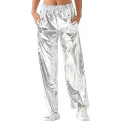 DeuYeng Damen Metallic Glänzende Hosenhose Solide Hohe Taille Disco Gerade Bein Y2k Hosen für Party Dance Streetwear (Silver, M) von DeuYeng