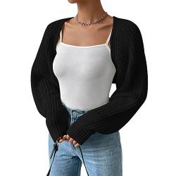 DeuYeng Damen Offene Front Bolero Shrug Pullover Langarm Crop Pullover Strick Tops Cropped Cardigan Herbst Bluse Oberbekleidung (05 Black, M) von DeuYeng