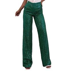 DeuYeng Damen Pailletten Breite Bein Hosen Glänzende Lose Casual Elastische Hohe Taille Funkelnde Hosen Hosen für Arbeit Büro Club Streetwear (Green, M) von DeuYeng