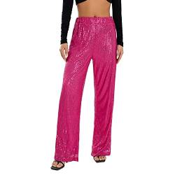 DeuYeng Damen Pailletten Breite Bein Hosen Glänzende Lose Casual Elastische Hohe Taille Funkelnde Hosen Hosen für Arbeit Büro Club Streetwear (Rose Red, L) von DeuYeng