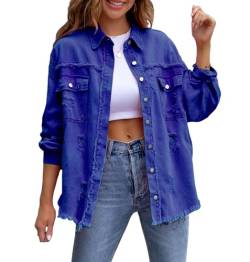 DeuYeng Damen Ripped Distressed Denim Jacke Casual Langarm Button Down Freund Jean Trucker Jacken Herbst Tops (Blue, L) von DeuYeng