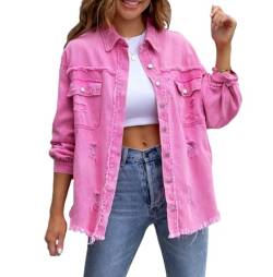 DeuYeng Damen Ripped Distressed Denim Jacke Casual Langarm Button Down Freund Jean Trucker Jacken Herbst Tops (Pink, M) von DeuYeng