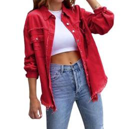 DeuYeng Damen Ripped Distressed Denim Jacke Casual Langarm Button Down Freund Jean Trucker Jacken Herbst Tops (Red, L) von DeuYeng