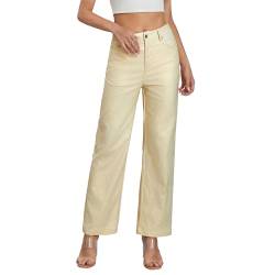 DeuYeng Metallic-glänzende Denim-Hose für Damen, einfarbig, hohe Taille, Disco, gerades Bein, Y2k-Hose für Party, Tanz, Streetwear (Gold, L) von DeuYeng