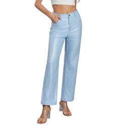 DeuYeng Metallic-glänzende Denim-Hose für Damen, einfarbig, hohe Taille, Disco, gerades Bein, Y2k-Hose für Party, Tanz, Streetwear (Light Blue, S) von DeuYeng