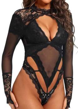 Dewinya Damen-Body mit langen Ärmeln, Stehkragen, Druckknopfausschnitt, Schrittausschnitt, sexy, florales Spitzen-Body, Schwarz, M von Dewinya