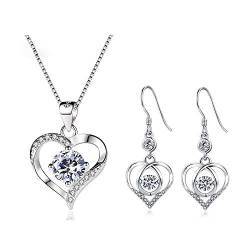 Deyanse Silber Schmuckset für Damen, 925 Sterling Silber Herz Halskette Ohrringe Set, Herz Anhänger mit 45cm Silber Kette, Herz Ohrringe mit Weiß AAAAA Zirkonia, Geschenk zum Weihnachten Geburtstatg von Deyanse