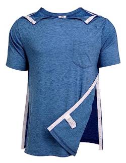 Deyeek Herren Post Schulter Chirurgie Shirts Recovery Tear Away Kurzarm Voll Offene Seite Snap Dialyse Chemo Kleidung, Dunkelblau, XL von Deyeek