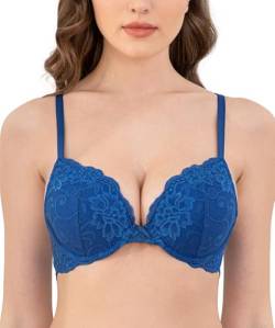 Deyllo BH Damen mit Bügel,Push up BH,Dirndl BH Blumen Spitze Schalen Bügel BH Gepolstert Elegant(JuwelBlau,70E) von Deyllo