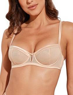 Deyllo Damen BH mit Bügel Transparente Mesh-Spitze Ungefütterter Bügel-BH Durchsichtiger Demi BH (Champagner,70C) von Deyllo