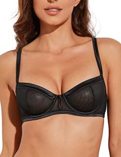 Deyllo Damen BH mit Bügel Transparente Mesh-Spitze Ungefütterter Bügel-BH Durchsichtiger Demi BH (Schwarz,70B) von Deyllo