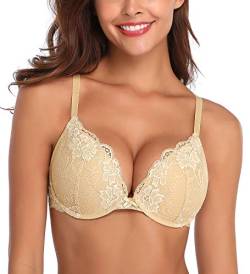 Deyllo Damen Push Up BH mit Blumen Spitze Behalen Bügel BH Gepolstert Elegant(Beige,85A) von Deyllo