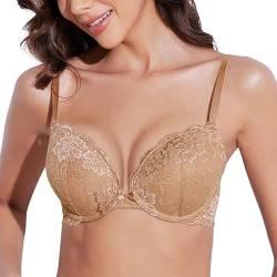 Deyllo Damen Push Up BH mit Blumen Spitze Schalen Bügel BH Gepolstert Elegant(Kamel,75B) von Deyllo