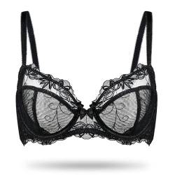 Deyllo Damen Sexy Spitzen-BH Große Größe Bügel BH Bestickter Ungefütterter Transparenter BH Nicht Gepolstert BH für große Brüste Schwarz 85F/38DDD von Deyllo