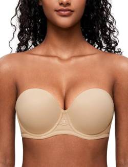 Deyllo Damen Trägerloser BH Super Push up Extrem BH Große Größen mit Bügel Geformte Comfy Multiway Strapless Bra Starker Halt Beige 70C/32C von Deyllo