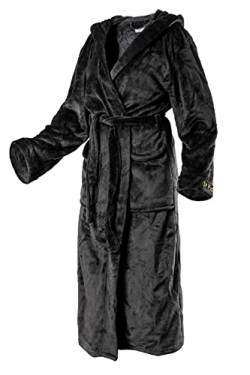 Di Ficchiano Unisex Herren Damen Bademantel mit Kapuze I Morgenmantel flauschig I Nachtwäsche aus edler Mikrofaser I Kimono Farbe: Shiny-Black, Gr. 3XL von Di Ficchiano