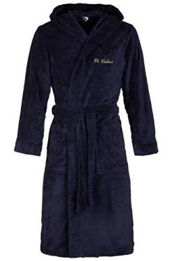 Di Vadini Unisex Herren Damen Bademantel Florenz mit Kapuze I Morgenmantel flauschig I Nachtwäsche aus edler Mikrofaser Farbe: Navy-Gold Gr. S von Di Vadini