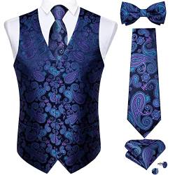 DiBanGu Anzugweste für Herren, 5 Stück Hochzeit Paisley Weste Krawatte und Fliege Einstecktuch Manschettenknöpfe S-3XL, Blau / Lila, X-Large von DiBanGu