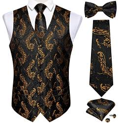 DiBanGu Anzugweste für Herren, 5 Stück Hochzeit Paisley Weste Krawatte und Fliege Einstecktuch Manschettenknöpfe S-3XL, Schwarz und gold, Large von DiBanGu