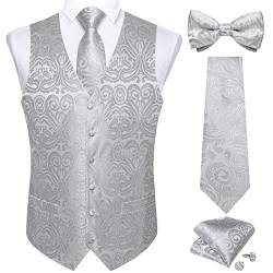 DiBanGu Anzugweste für Herren, 5 Stück Hochzeit Paisley Weste Krawatte und Fliege Einstecktuch Manschettenknöpfe S-3XL, silber, Large von DiBanGu