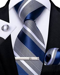 DiBanGu Blau Krawatten und Taschentuch-Set Blau und Grau Gestreift Krawatte für Herren Manschettenknopf-Krawattenklammer für Hochzeit Formell von DiBanGu