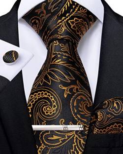 DiBanGu Gold Krawatten und Taschentuch-Set Schwarz und Gold Paisley Krawatte für Herren Manschettenknopf-Krawattenklammer für Hochzeit Formell von DiBanGu