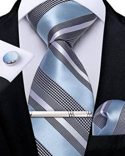 DiBanGu Hellblau Gestreift Krawatte für Herren Formellen Seidenkrawatte und Einstecktuch Manschettenknöpfe Hochzeit Party Krawattenklammer Set von DiBanGu