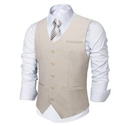 DiBanGu Herren Anzug Weste Formale Hochzeit Slim Fit Einreiher Ärmellos V-Ausschnitt 2 Taschen Solide Kleid Weste Abschlussball Smoking, Beige, Medium von DiBanGu