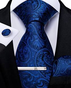 DiBanGu Herren Blau Paisley Krawatte, Königsblau Seidenkrawatte und Taschentuch-Set, Krawattenklammer und Manschettenknöpfen mit Geschenkbox für Hochzeit Party von DiBanGu