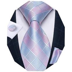 DiBanGu Herren-Krawatte, solide Seidenkrawatte und Einstecktuch, Hochzeits-Krawatte, Manschettenknöpfe, formell, rosa, blau, Einheitsgröße von DiBanGu