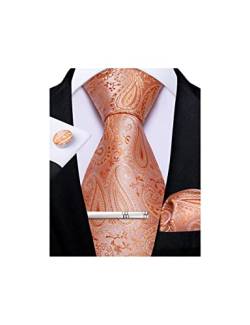 DiBanGu Herren Krawatte Taschentuch Seide Paisley Floral Krawatte Pocket Square Manschettenknöpfe Krawatte Clip Set, 02 Coral, One size von DiBanGu