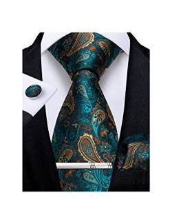 DiBanGu Herren Krawatte Taschentuch Seide Paisley Floral Krawatte Pocket Square Manschettenknöpfe Krawatte Clip Set, Blaugrün und Braun, One size von DiBanGu