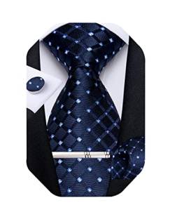 DiBanGu Herren-Krawatte und Einstecktuch mit Manschettenknöpfen aus Seide, kariert, für Hochzeit, Business, Blau, Einheitsgröße von DiBanGu