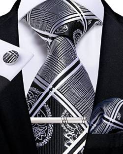 DiBanGu Herren-Krawatten-Set aus Seide, gestreift, kariert, Krawatte, Einstecktuch, Manschettenknöpfe und Krawattenklammer, Set für Business, Hochzeit, Party, schwarz / weiß, Einheitsgröße von DiBanGu