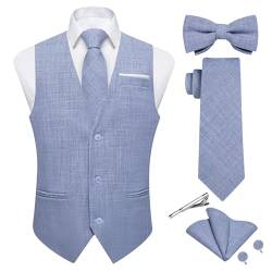 DiBanGu Herren Leinen Anzug Weste Casual Weste und Krawatte & vorgebundene Fliege Set 6PCS Einfarbig Kleid Weste für Hochzeit Party, Blau, Large von DiBanGu