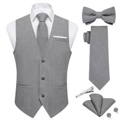 DiBanGu Herren Leinen Anzug Weste Casual Weste und Krawatte & vorgebundene Fliege Set 6PCS Einfarbig Kleid Weste für Hochzeit Party, GRAU, Medium von DiBanGu