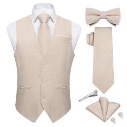 DiBanGu Herren Leinen Anzug Weste Casual Weste und Krawatte & vorgebundene Fliege Set 6PCS Einfarbig Kleid Weste für Hochzeit Party, Hellkhaki, X-Large von DiBanGu