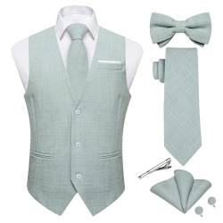 DiBanGu Herren Leinen Anzug Weste Casual Weste und Krawatte & vorgebundene Fliege Set 6PCS Einfarbig Kleid Weste für Hochzeit Party, Mintgrün, Large von DiBanGu