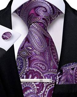 DiBanGu Herren Lila Paisley Krawatte für Hochzeit Formelle Seide violett Krawatte und Einstecktuch Krawattenklammer mit Manschettenknöpfen Geschenkbox-Set von DiBanGu