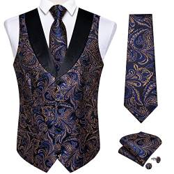 DiBanGu Herren-Manschettenknöpfe, Paisley-Anzug, Weste, Krawatte und Einstecktuch, groß und groß, Blaugold, XX-Large von DiBanGu