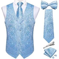 DiBanGu Herren Paisley Anzug Weste und Krawatte Set 6 Stück vorgebundene Fliege formelle Weste für Smoking, Hell, blau, Small von DiBanGu