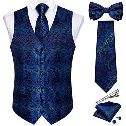 DiBanGu Herren Paisley Anzug Weste und Krawatten-Set, 6-teilig, vorgebundene Fliege, formelle Weste für Smoking, Marineblau, XXX-Large von DiBanGu